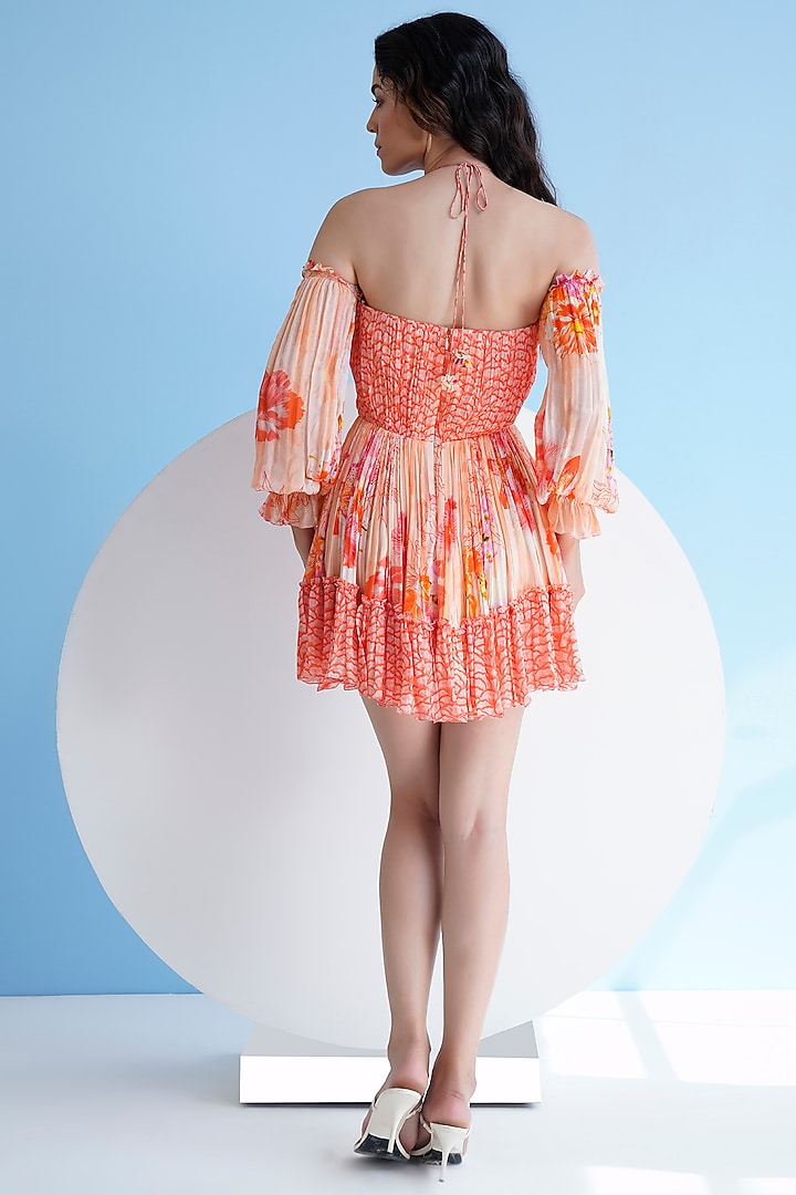 Orange Chiffon Printed Halter Mini Frilled Vacation Dress by Mandira Wirk - Resort at Pernia's Pop Up Shop