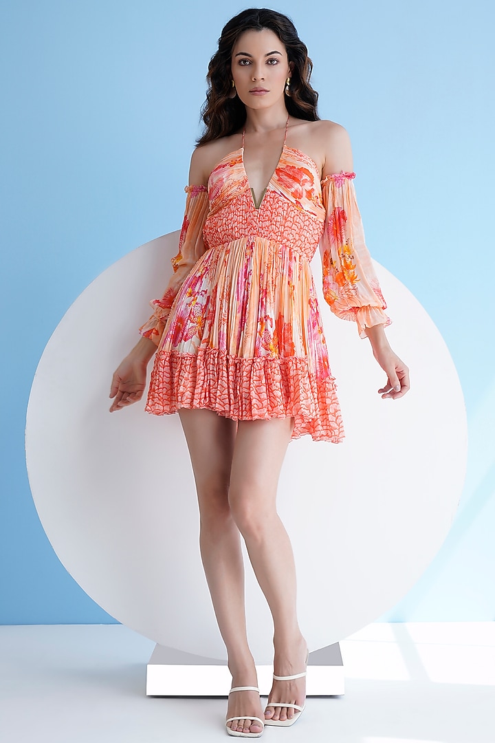 Orange Chiffon Printed Halter Mini Frilled Vacation Dress by Mandira Wirk - Resort at Pernia's Pop Up Shop