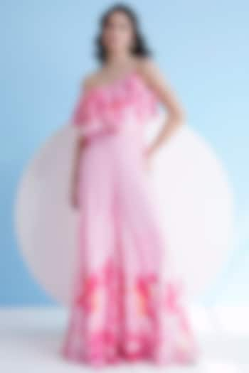 Pink Chiffon Printed Flared One-Shoulder Jumpsuit by Mandira Wirk at Pernia's Pop Up Shop