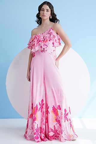 Pink Chiffon Printed Flared One-Shoulder Jumpsuit by Mandira Wirk - Resort
