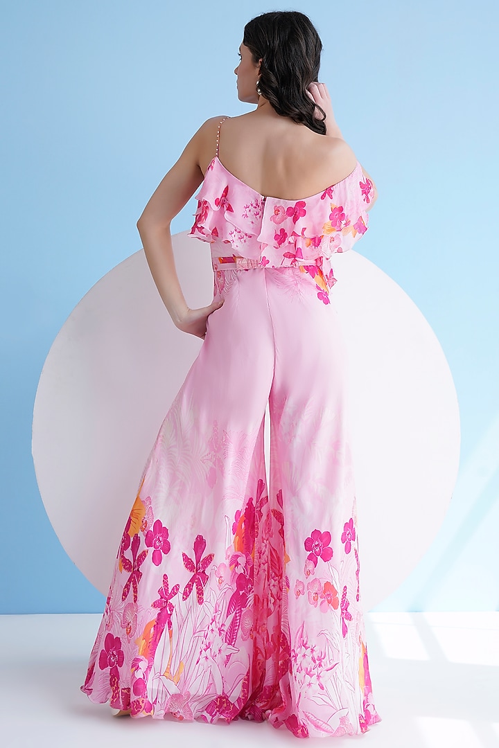 Pink Chiffon Printed Flared One-Shoulder Jumpsuit by Mandira Wirk - Resort at Pernia's Pop Up Shop