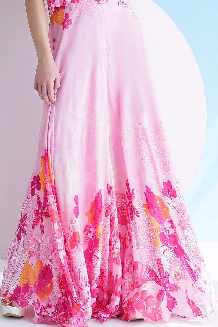 Pink Chiffon Printed Flared One-Shoulder Jumpsuit by Mandira Wirk - Resort at Pernia's Pop Up Shop