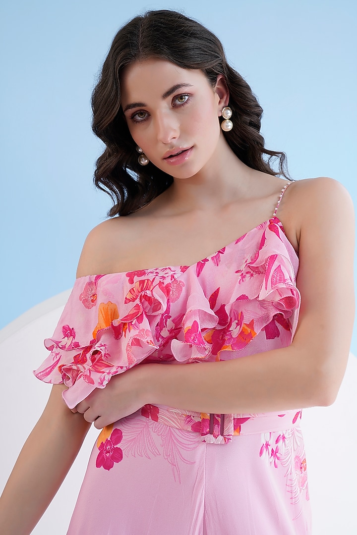 Pink Chiffon Printed Flared One-Shoulder Jumpsuit by Mandira Wirk - Resort at Pernia's Pop Up Shop