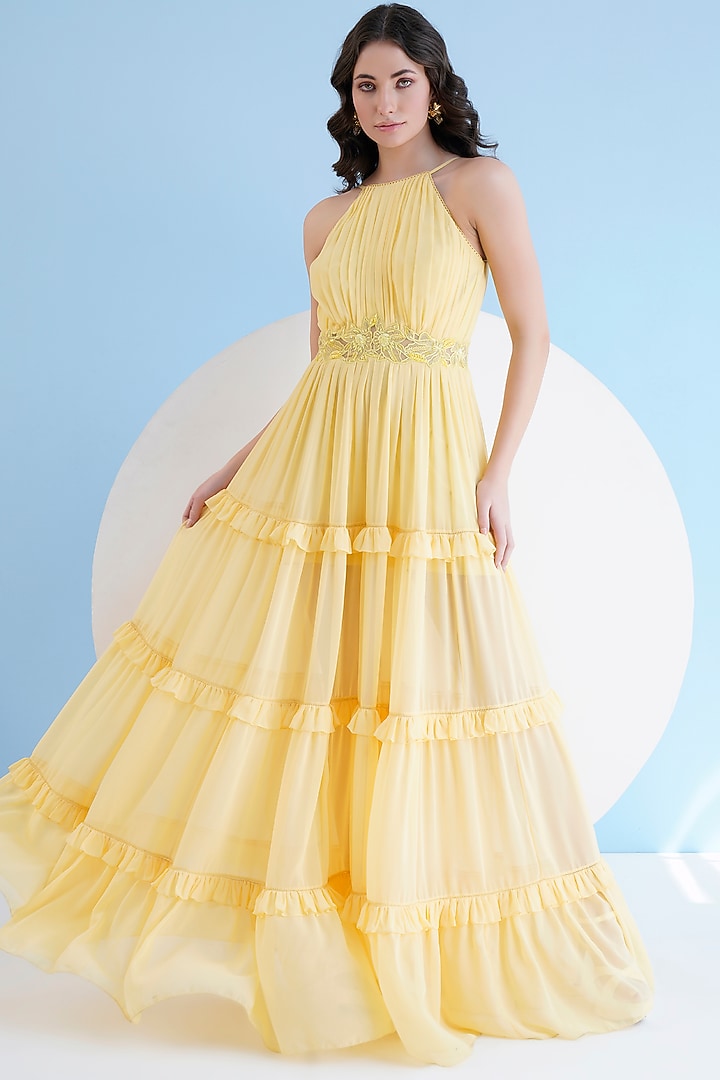 Yellow Viscose Georgette Embroidered Halter Maxi Party Wear Dress by Mandira Wirk - Resort at Pernia's Pop Up Shop