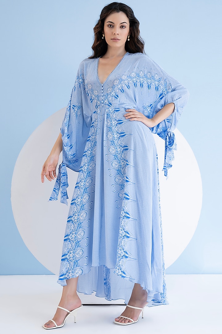 Blue Viscose Crepe Printed High-Low Maxi Dress by Mandira Wirk