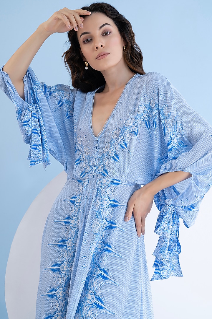 Blue Viscose Crepe Printed High-Low Maxi Vacation Dress by Mandira Wirk - Resort at Pernia's Pop Up Shop