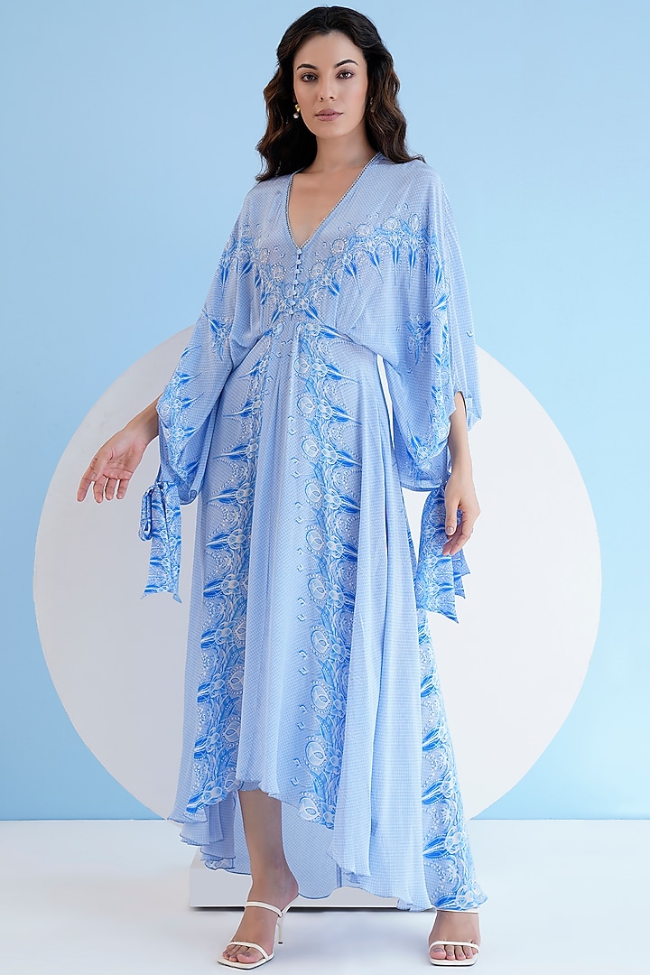 Blue Viscose Crepe Printed High-Low Maxi Vacation Dress by Mandira Wirk - Resort at Pernia's Pop Up Shop