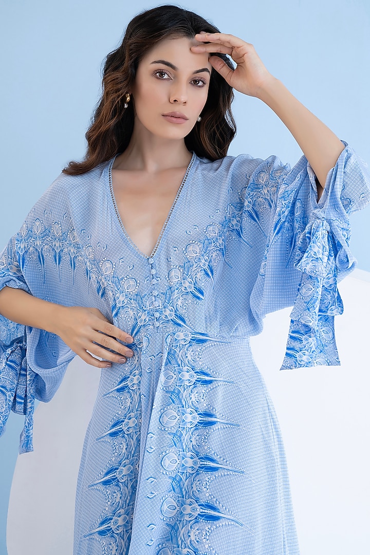 Blue Viscose Crepe Printed High-Low Maxi Vacation Dress by Mandira Wirk - Resort at Pernia's Pop Up Shop
