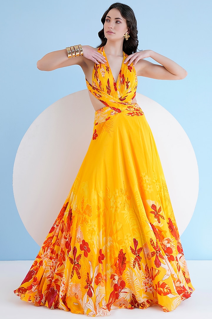 Orchid Yellow Chiffon Floral Printed Halter Maxi Dress by Mandira Wirk at Pernia's Pop Up Shop