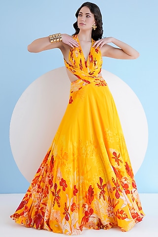 Orchid Yellow Chiffon Floral Printed Halter Maxi Dress by Mandira Wirk - Resort
