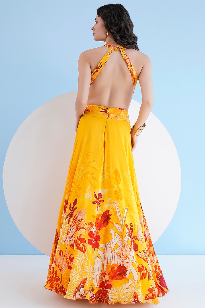 Orchid Yellow Chiffon Floral Printed Halter Maxi Party Wear Dress by Mandira Wirk - Resort at Pernia's Pop Up Shop