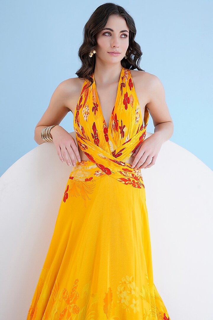 Orchid Yellow Chiffon Floral Printed Halter Maxi Party Wear Dress by Mandira Wirk - Resort at Pernia's Pop Up Shop