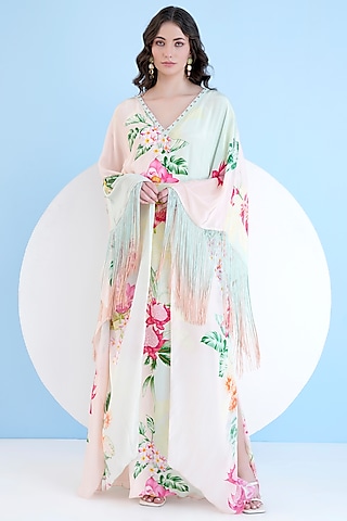Multi-Colored Viscose Crepe Tropical Printed Kaftan With Belt by Mandira Wirk - Resort