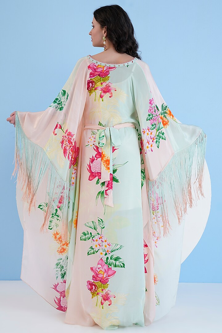 Multi-Colored Viscose Crepe Tropical Printed Kaftan With Belt by Mandira Wirk - Resort at Pernia's Pop Up Shop