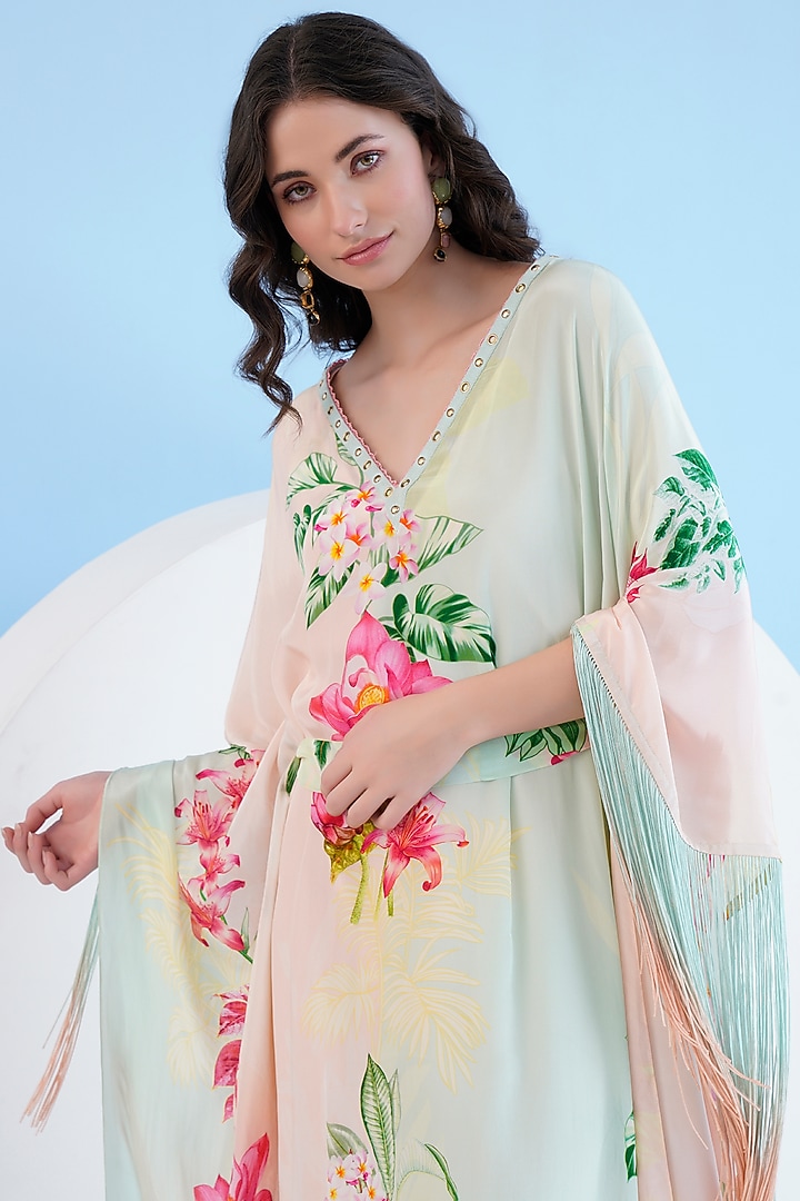 Multi-Colored Viscose Crepe Tropical Printed Kaftan With Belt by Mandira Wirk - Resort at Pernia's Pop Up Shop