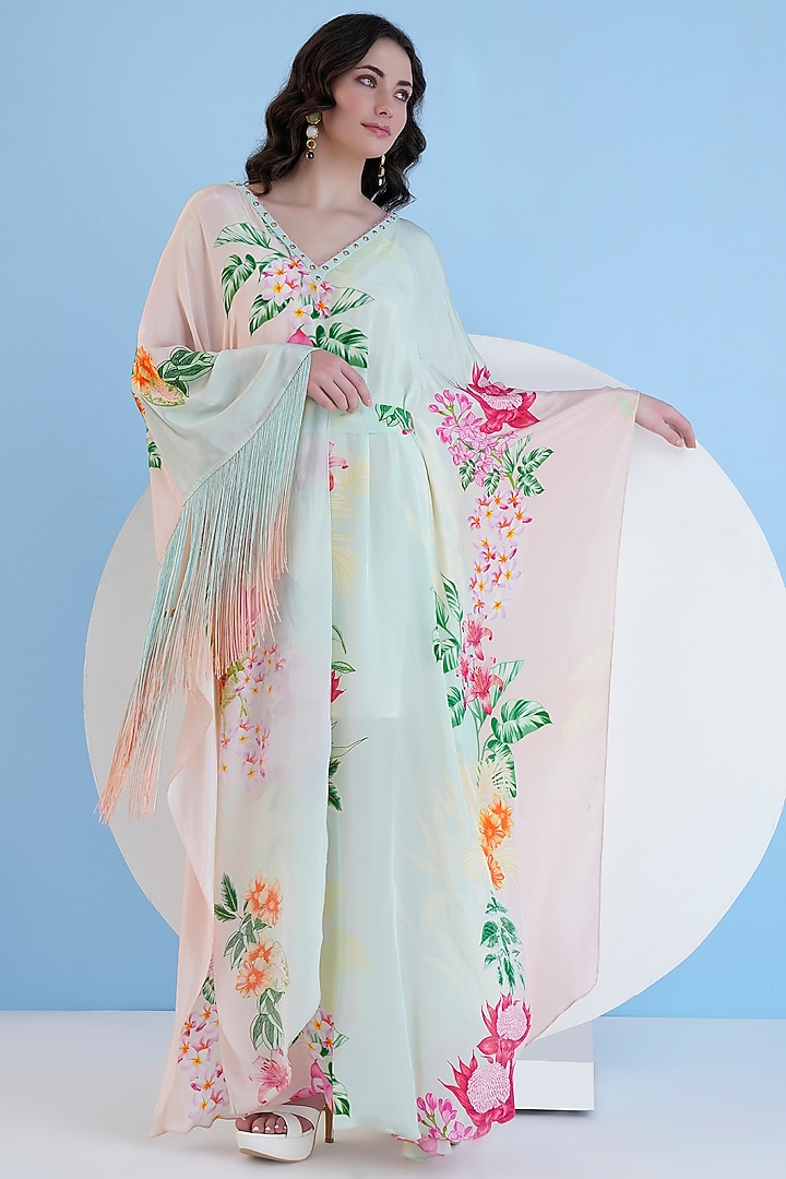 Multi-Colored Viscose Crepe Tropical Printed Kaftan With Belt by Mandira Wirk - Resort at Pernia's Pop Up Shop