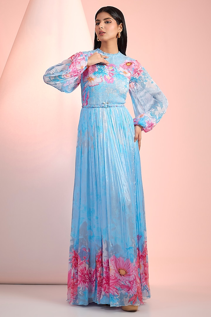 Sky Blue Chiffon Printed Maxi Vacation Dress by Mandira Wirk - Resort at Pernia's Pop Up Shop