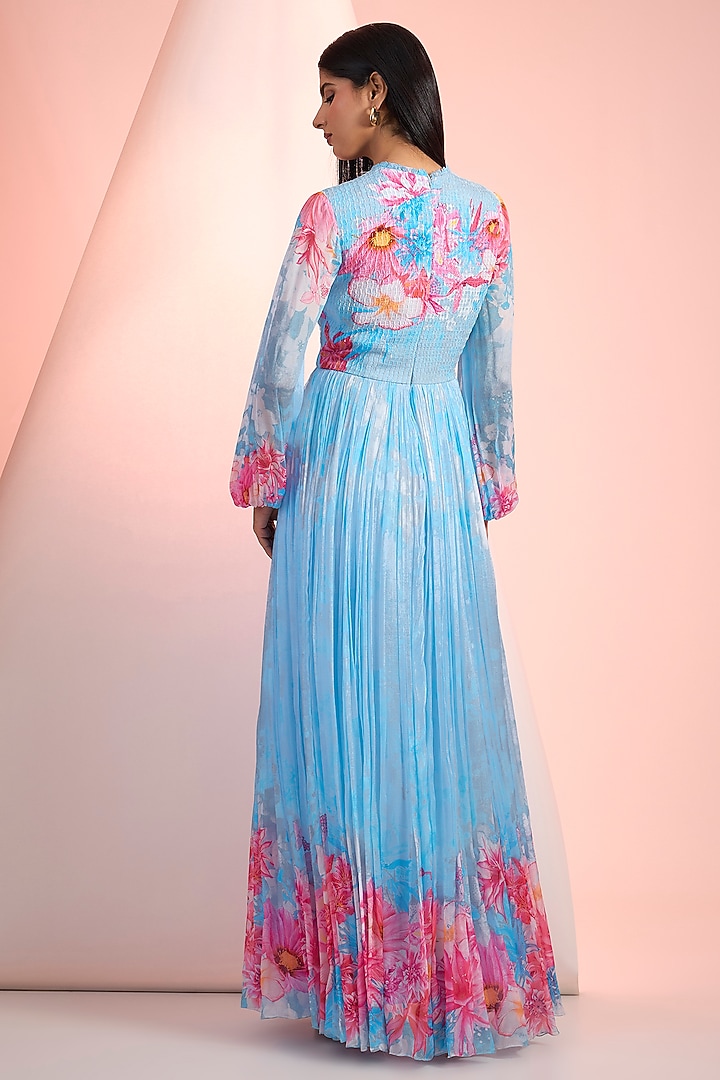 Sky Blue Chiffon Printed Maxi Cocktail Dress by Mandira Wirk - Resort at Pernia's Pop Up Shop