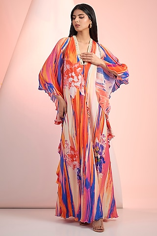 Red & Blue Chiffon Printed Maxi Dress by Mandira Wirk - Resort