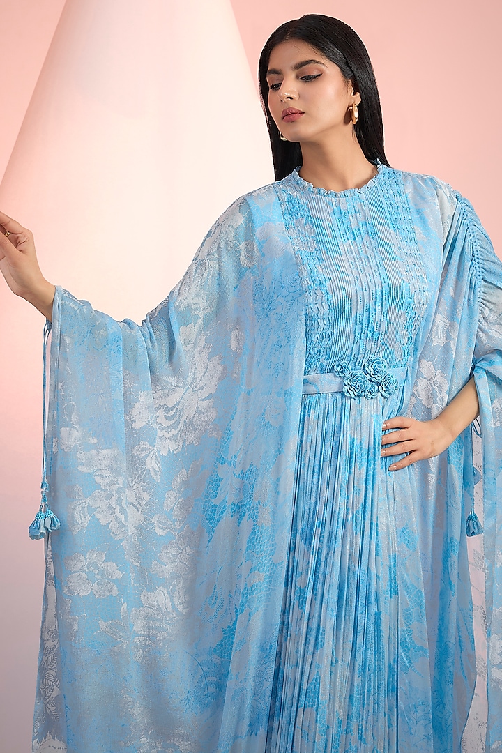 Sky Blue Chiffon Printed Maxi Cocktail Dress by Mandira Wirk - Resort at Pernia's Pop Up Shop