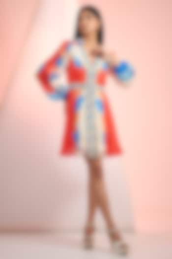 Red & Blue Chiffon Placement Printed Mini Vacation Dress by Mandira Wirk - Resort at Pernia's Pop Up Shop
