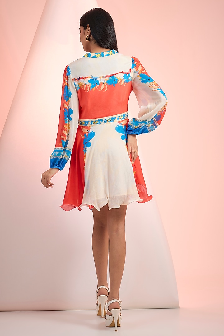 Red & Blue Chiffon Placement Printed Mini Vacation Dress by Mandira Wirk - Resort at Pernia's Pop Up Shop