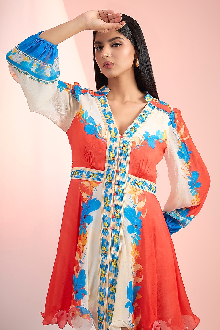 Red & Blue Chiffon Placement Printed Mini Vacation Dress by Mandira Wirk - Resort at Pernia's Pop Up Shop