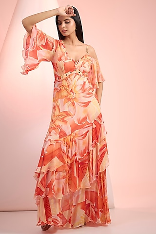 Orange Chiffon Printed Asymmetrical Tiered Dress by Mandira Wirk - Resort