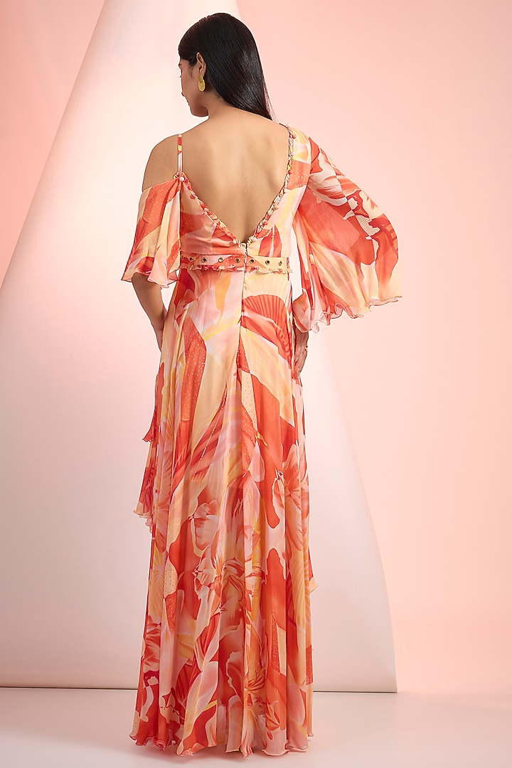 Orange Chiffon Printed Asymmetrical Tiered Vacation Dress by Mandira Wirk - Resort at Pernia's Pop Up Shop