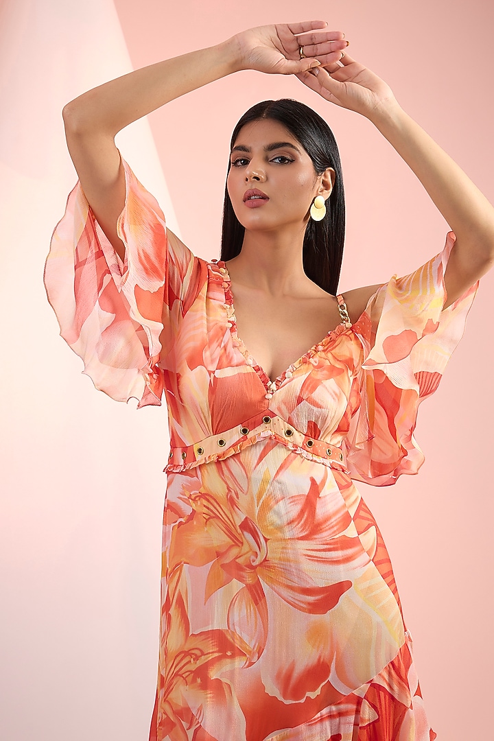 Orange Chiffon Printed Asymmetrical Tiered Vacation Dress by Mandira Wirk - Resort at Pernia's Pop Up Shop