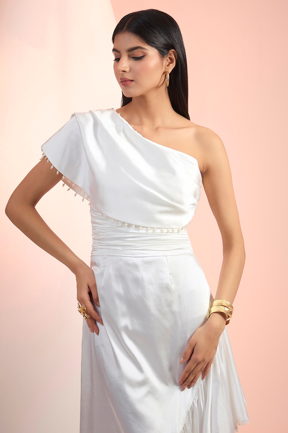 Off-White Satin One-Shoulder Vacation Dress by Mandira Wirk Resort at  Pernia's Pop Up Shop