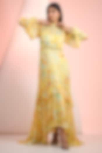 Yellow Chiffon Printed Tiered Maxi Cocktail Dress by Mandira Wirk - Resort at Pernia's Pop Up Shop