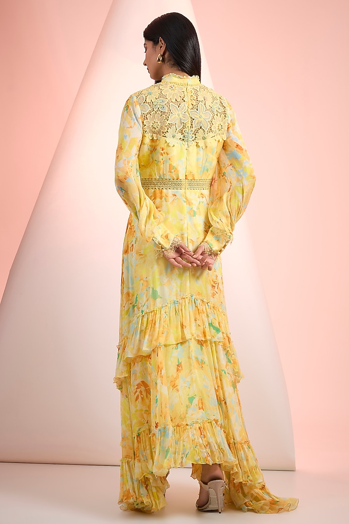 Yellow Chiffon Printed Tiered Maxi Cocktail Dress by Mandira Wirk - Resort at Pernia's Pop Up Shop