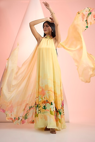 Yellow Chiffon & Crepe Printed Maxi Dress by Mandira Wirk - Resort