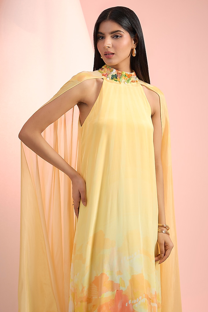 Yellow Chiffon & Crepe Printed Maxi Vacation Dress by Mandira Wirk - Resort at Pernia's Pop Up Shop
