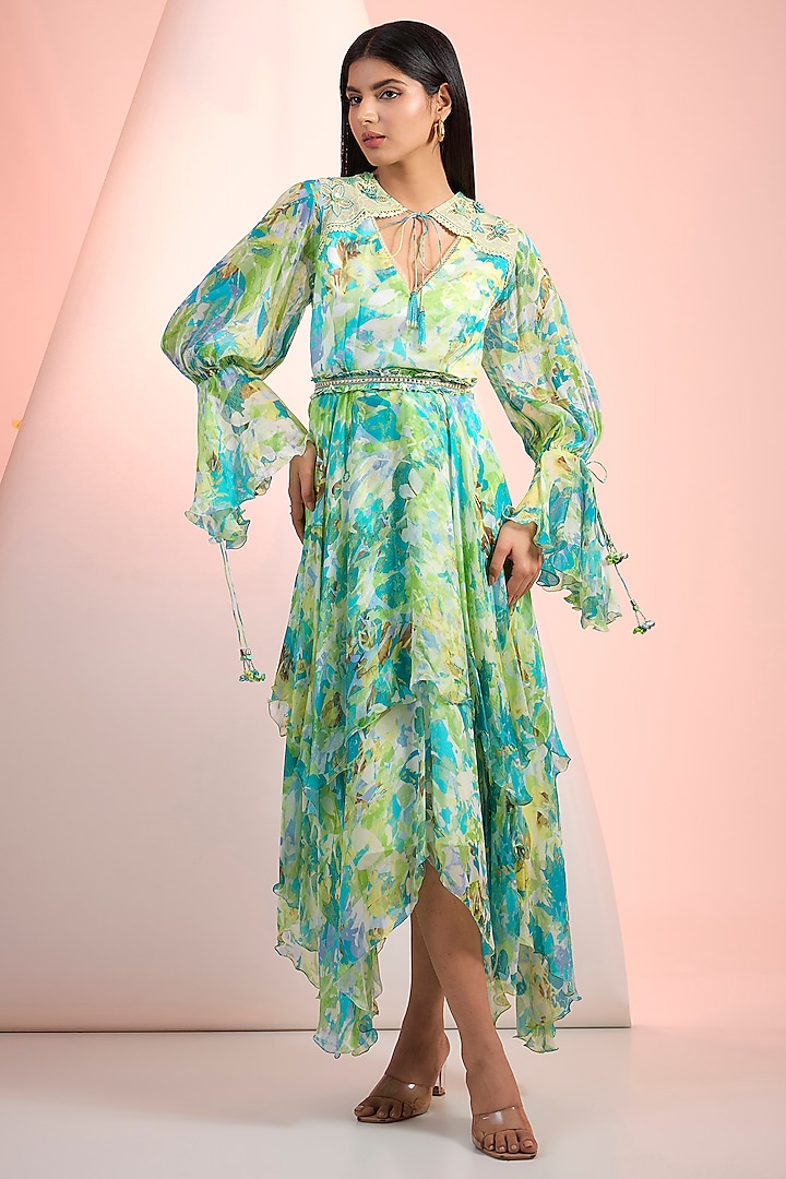 Sea Green Chiffon Printed Cocktail Dress by Mandira Wirk - Resort at Pernia's Pop Up Shop