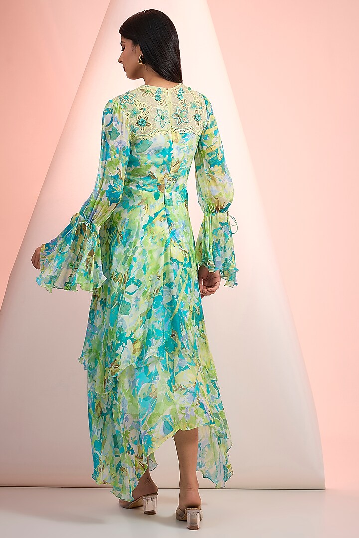 Sea Green Chiffon Printed Cocktail Dress by Mandira Wirk - Resort at Pernia's Pop Up Shop