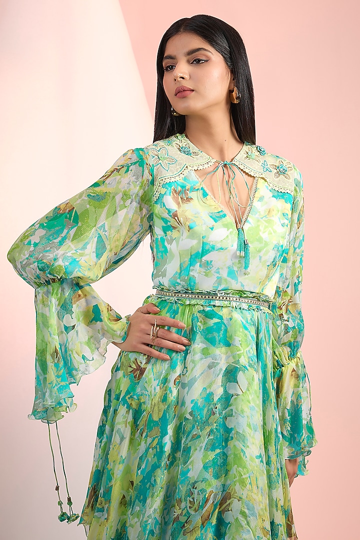 Sea Green Chiffon Printed Cocktail Dress by Mandira Wirk - Resort at Pernia's Pop Up Shop