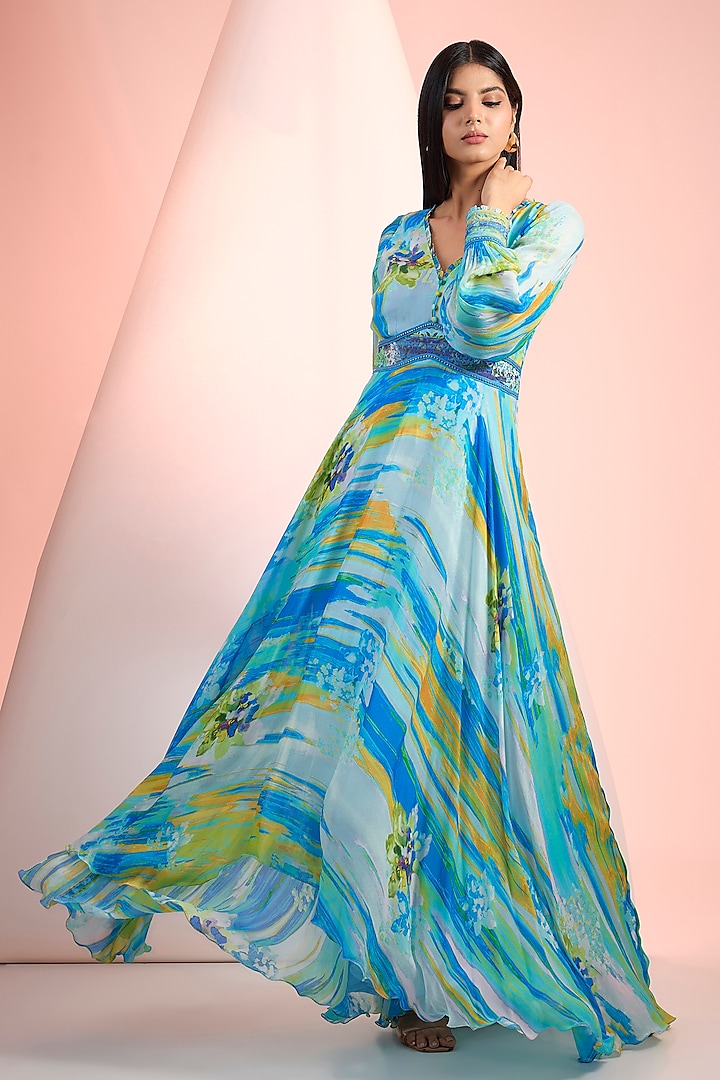 Blue Chiffon Printed Flared Maxi Vacation Dress by Mandira Wirk - Resort at Pernia's Pop Up Shop
