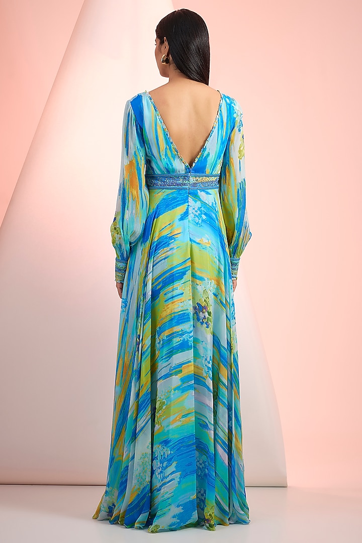 Blue Chiffon Printed Flared Maxi Vacation Dress by Mandira Wirk - Resort at Pernia's Pop Up Shop