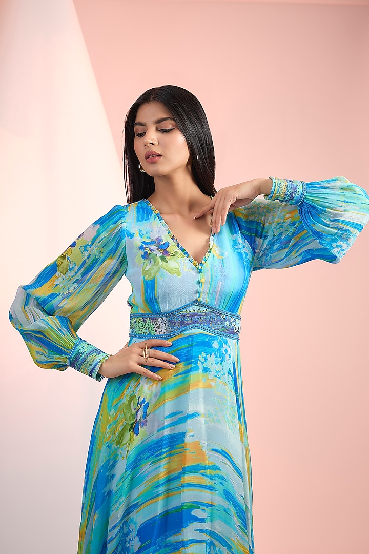 Blue Chiffon Printed Flared Maxi Vacation Dress by Mandira Wirk - Resort at Pernia's Pop Up Shop