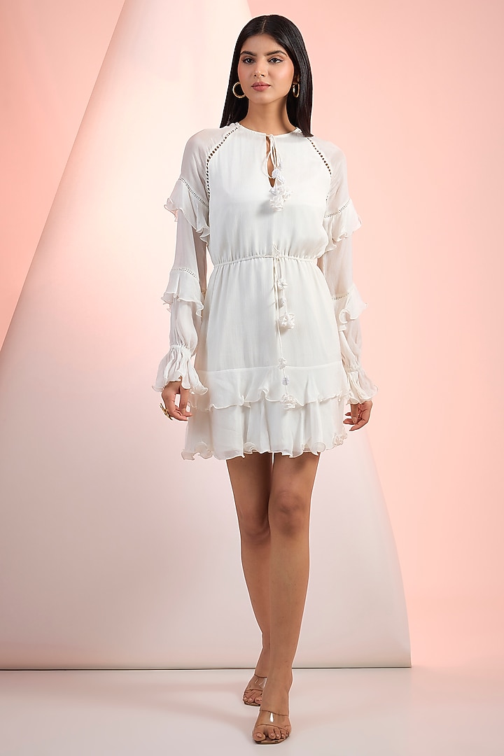 Off-White Chiffon Tiered Mini Vacation Dress by Mandira Wirk - Resort at Pernia's Pop Up Shop