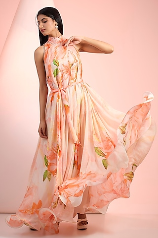 Orange Chiffon Printed Flowy Maxi Dress by Mandira Wirk - Resort