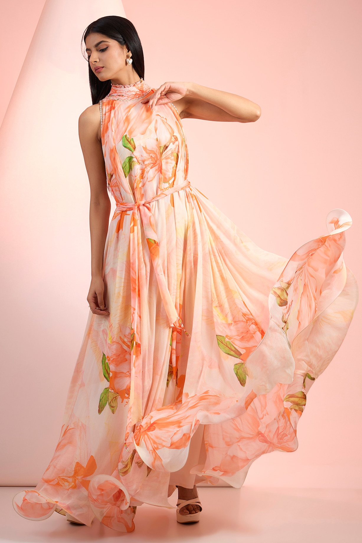 Pernia's Pop Up Shop - Mandira Wirk - Resort Women Orange Chiffon Printed Flowy Maxi Dress Pernia's Pop Up Shop - Mandira Wirk - Resort Women Orange Chiffon Printed Flowy Maxi Dress
