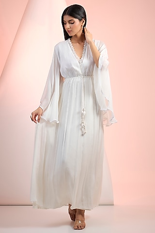 Off-White Chiffon Maxi Flowy Dress by Mandira Wirk - Resort