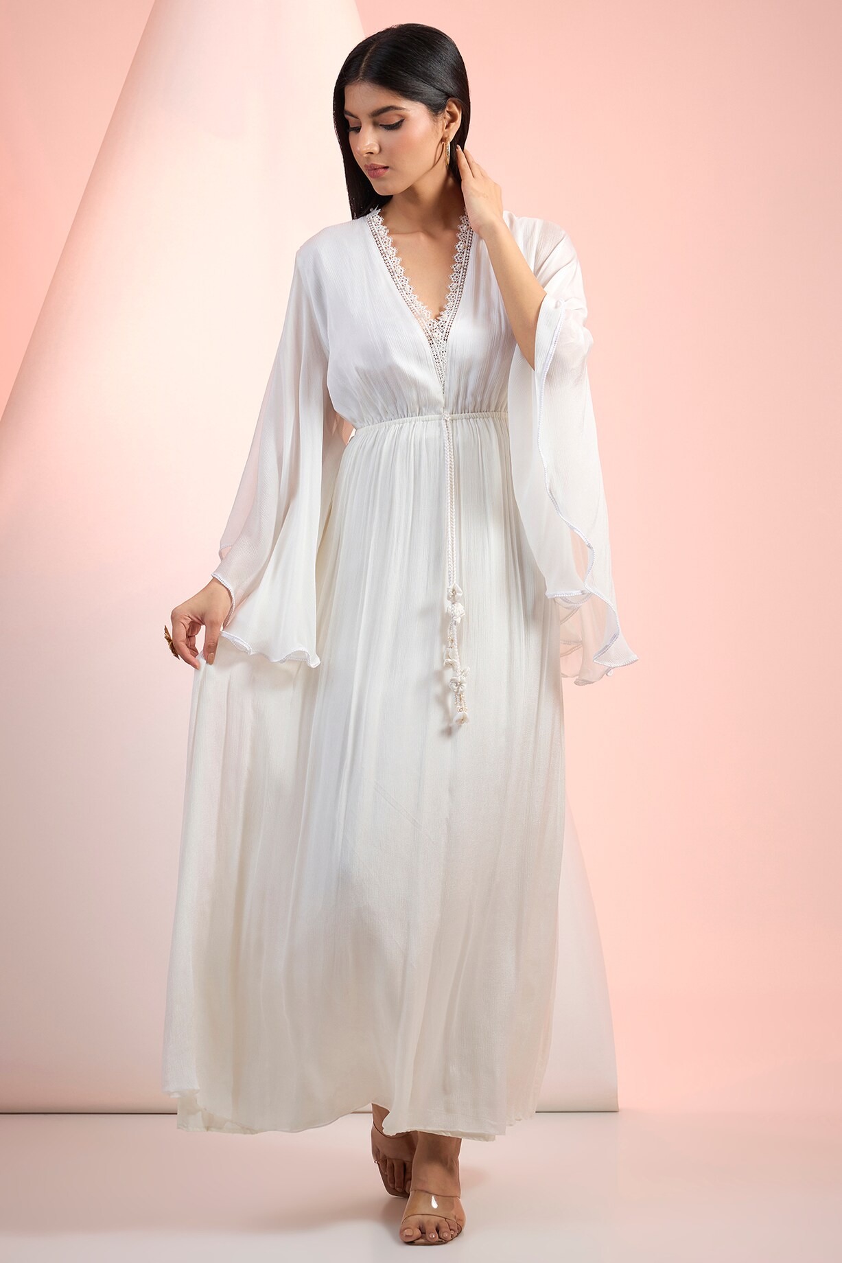 sachin and babi light blue dress A-line Beaded White Lace Chiffon Slit Simple Flowy Wedding Dress main image 0