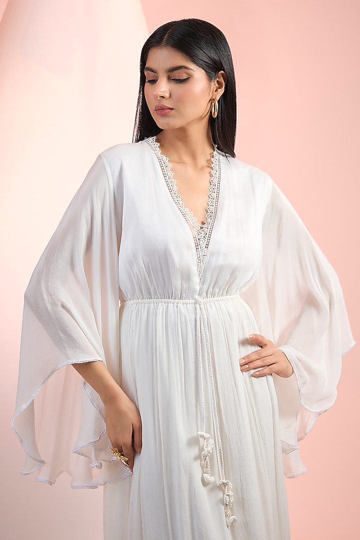 sachin and babi light blue dress Ivory Flowy Lace Chiffon Off-shoulder Beach Wedding Dress