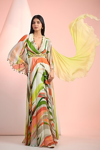 Green Chiffon Printed Maxi Dress by Mandira Wirk - Resort