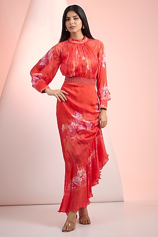 Red Crepe Printed Maxi Dress by Mandira Wirk - Resort