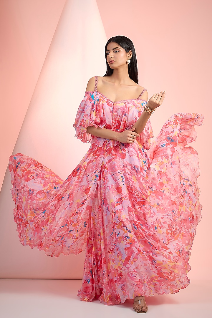 Pink Chiffon Printed Off-Shoulder Flared Maxi Vacation Dress by Mandira Wirk - Resort at Pernia's Pop Up Shop